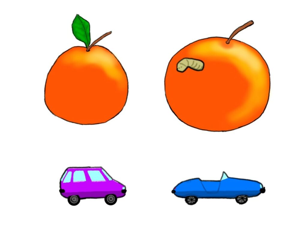 image présentant une pomme plus grande qu'une autre pomme, mais véreuse. Et deux voiture de standing différents